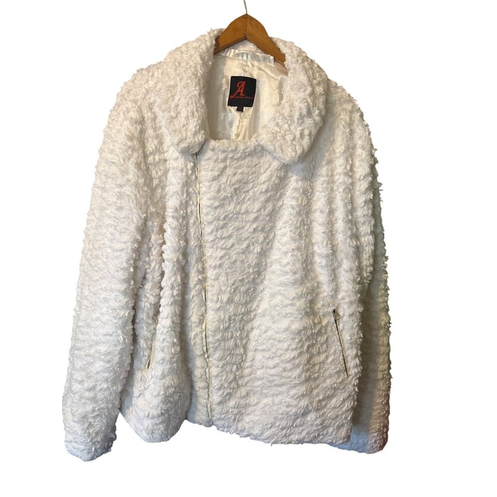 Adrienne Landau Faux Fur White Jacket Coat Zipper Pockets Moto Short Collar 2X